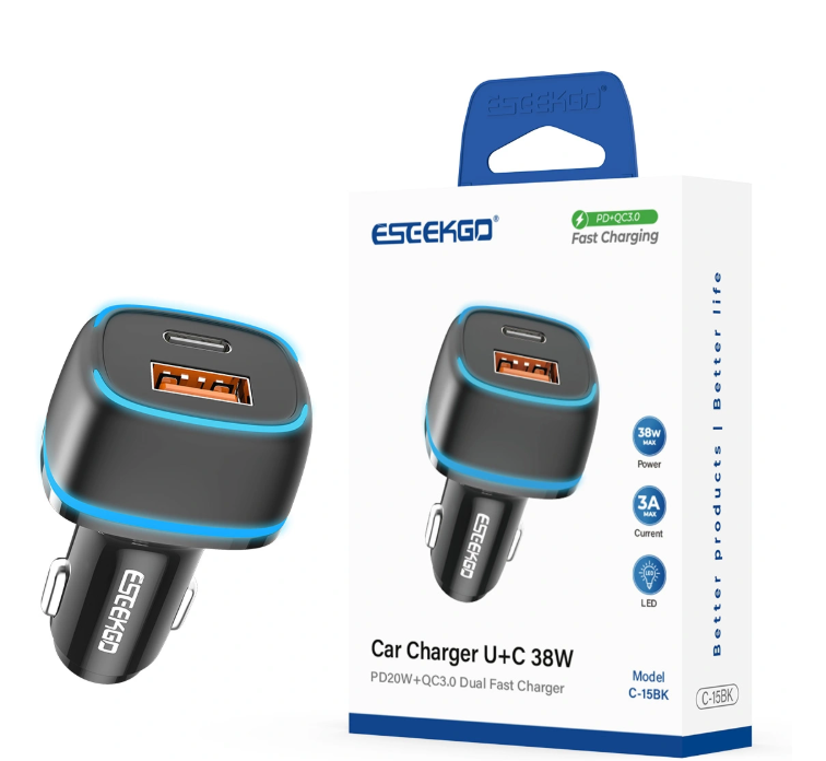 Cargador de carro Eseekgo tipo USB y USB C 38 watts